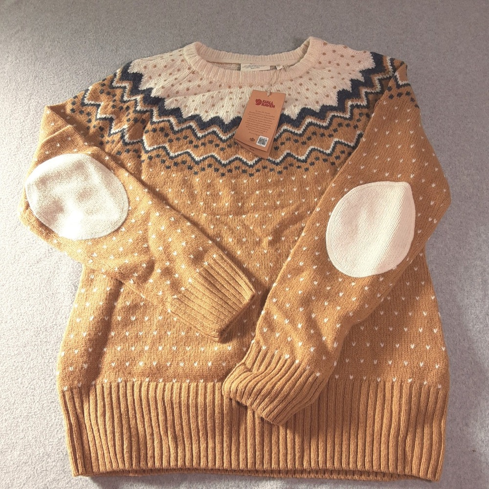 Fjallraven Ovik Knit Sweater Womens L Brown Wool Fair Isle Elbow Patch 89941 NWT